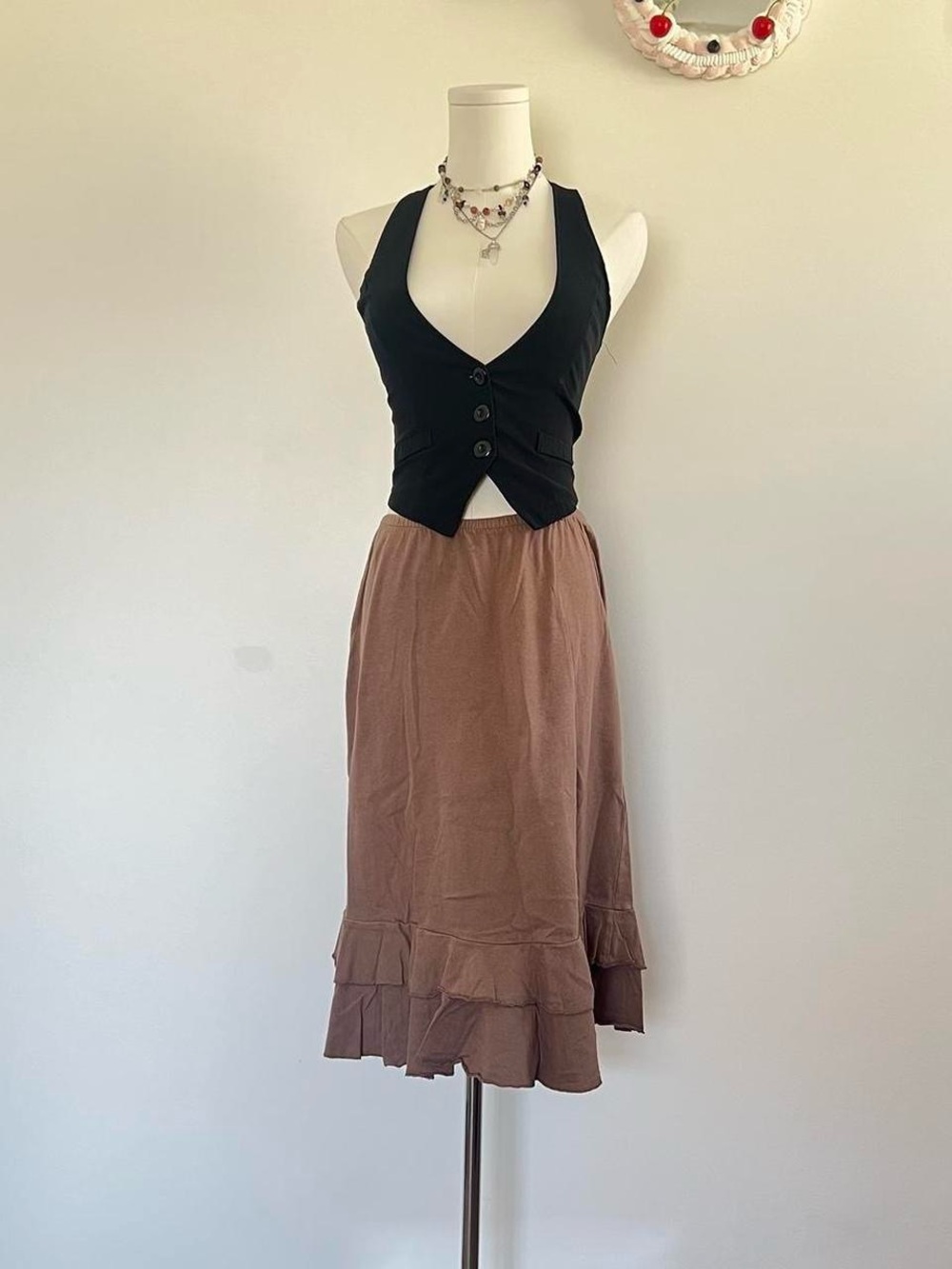 Brown Ruffle Hem Midi Skirt